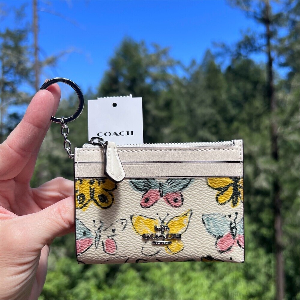 COACH Mini Skinny ID Case Keychain Card Wallet Signature Butterfly Print  NWT